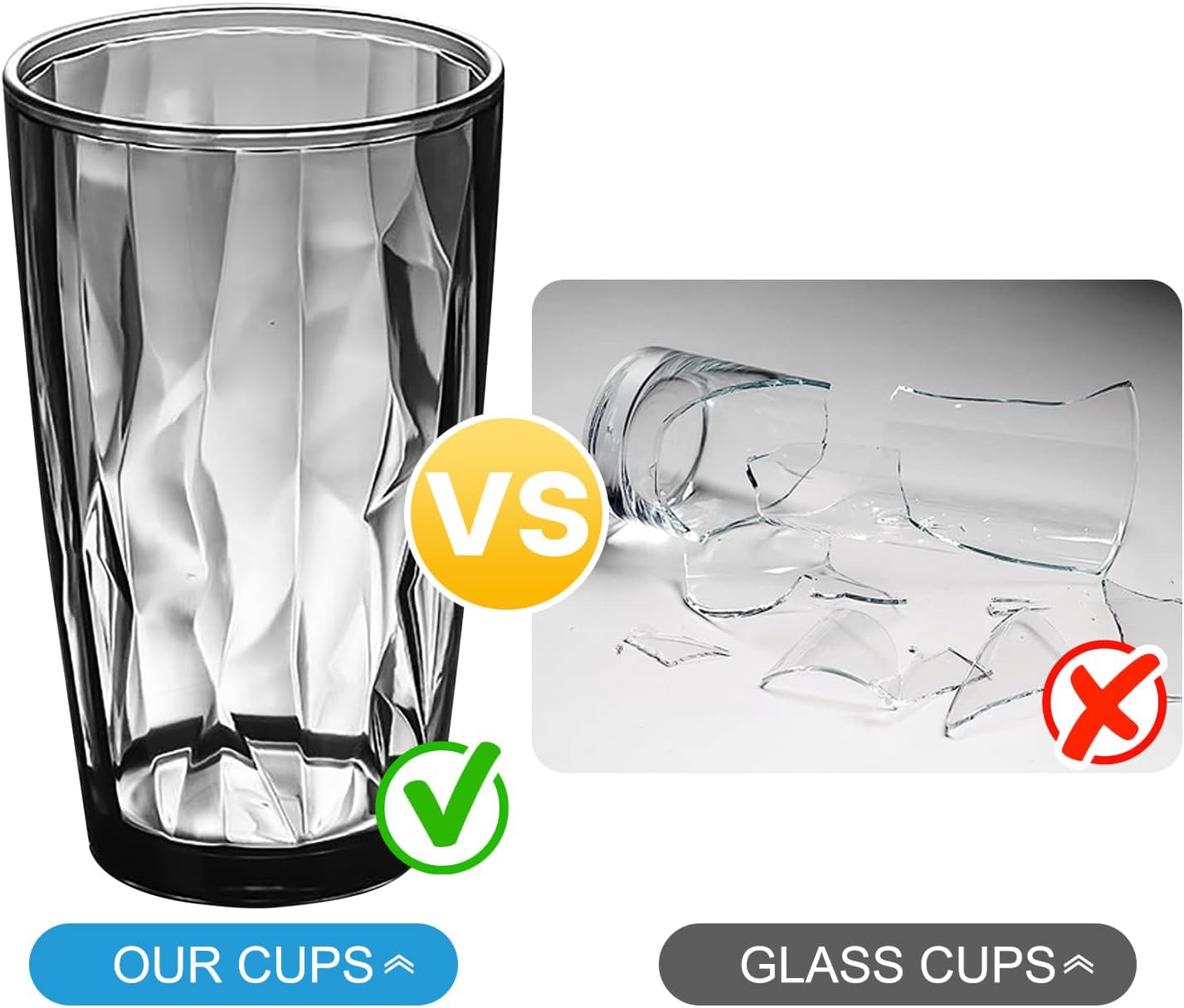 Top-spring Plastic Reusable Drinking Glasses Set of 8 | BPA-Free 16-Ounce Stackable Kitchen Plastic Water Tumblers Shatterproof Drinking Cups Grey